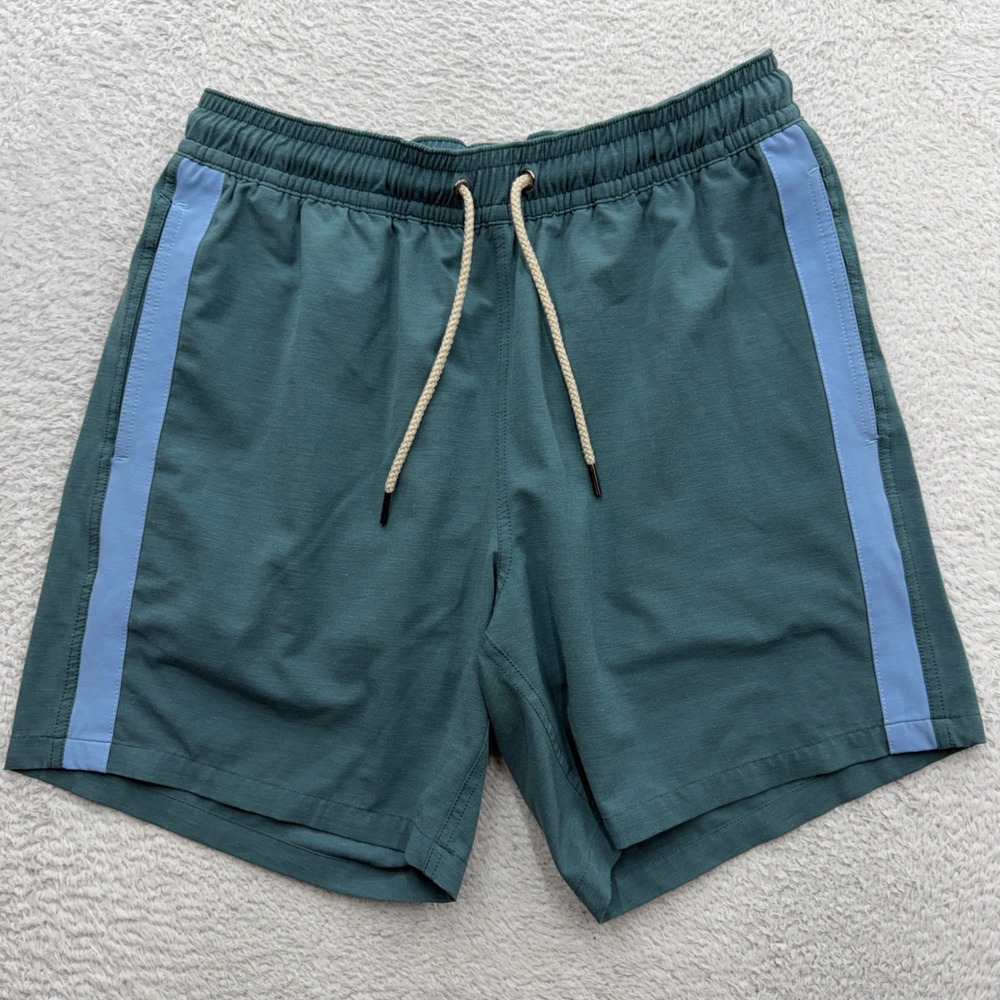 Fair Harbor Mens Teal Green Blue Stripe Swim Trunks Board Shorts Size L